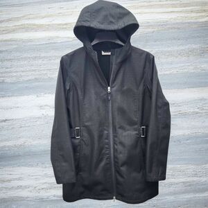 Free Tech Hooded Jacket Womens L 12-14 Black Full Zip Water Resistant Waist Tabs